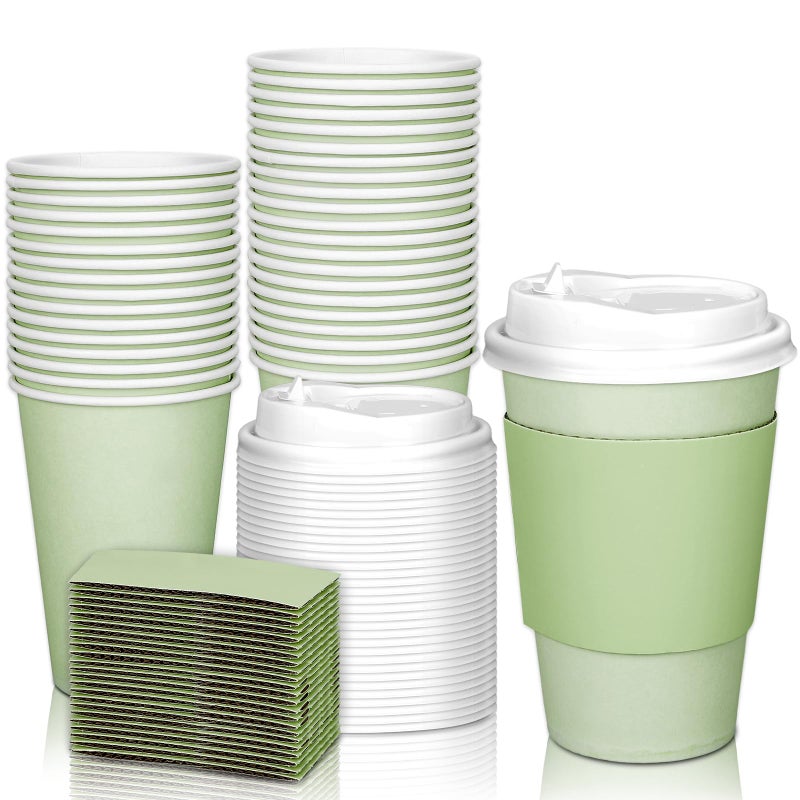 JarThenaAMCS 50Pcs Easter Mallard Duck Sage Green Disposable Coffee Cups with Lids and Sleeves 12oz Insulated To Go Paper Cups for Home Restaurant Travel Business Party Supplies
